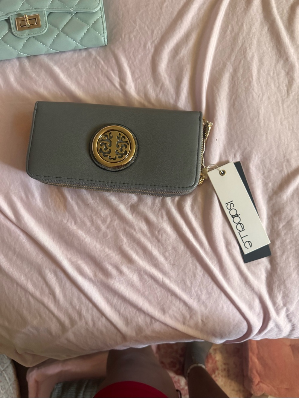 Isabelle Gray Zip Wallet Clutch with Gold Emblem